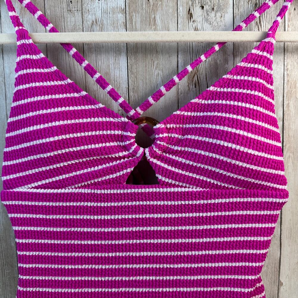 Lucky Brand One-piece Swimsuit Women S Hot Pink‎ Keyhole Stripe Textured Beachy - Picture 5 of 9